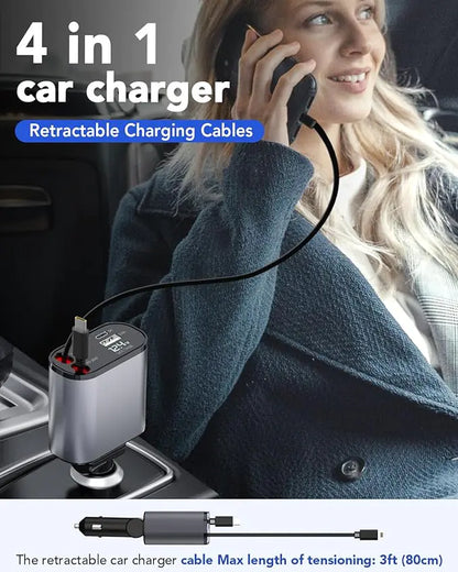 Retractable Car Charger, 4 in 1 Fast Car Phone Charger 66W, Retractable Cables and USB Car Charger,Compatible with iPhone 15/14/13/12/11,Galaxy,Pixel