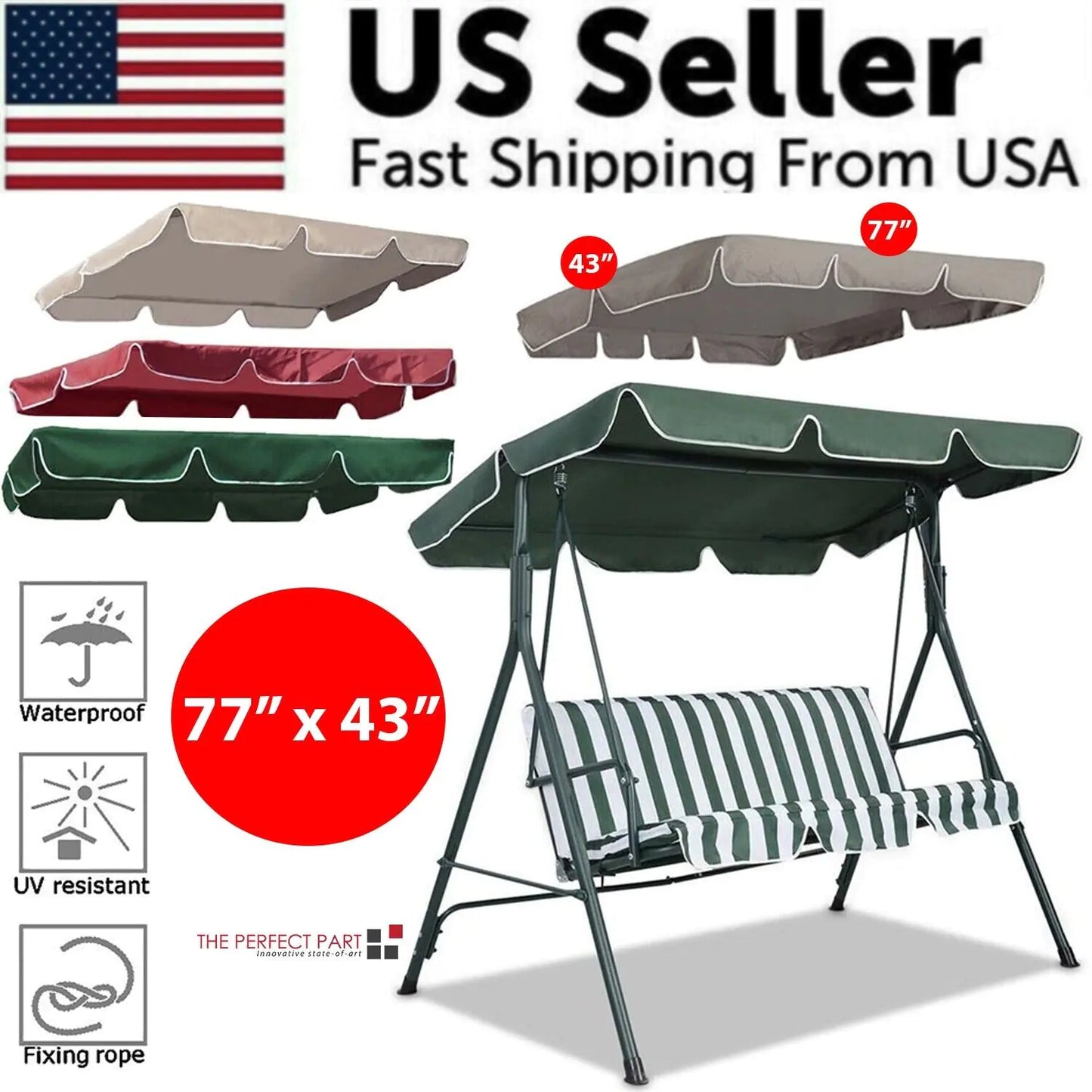 Patio Outdoor Garden Swing 300D Canopy Replacement Porch Top Cover Seat