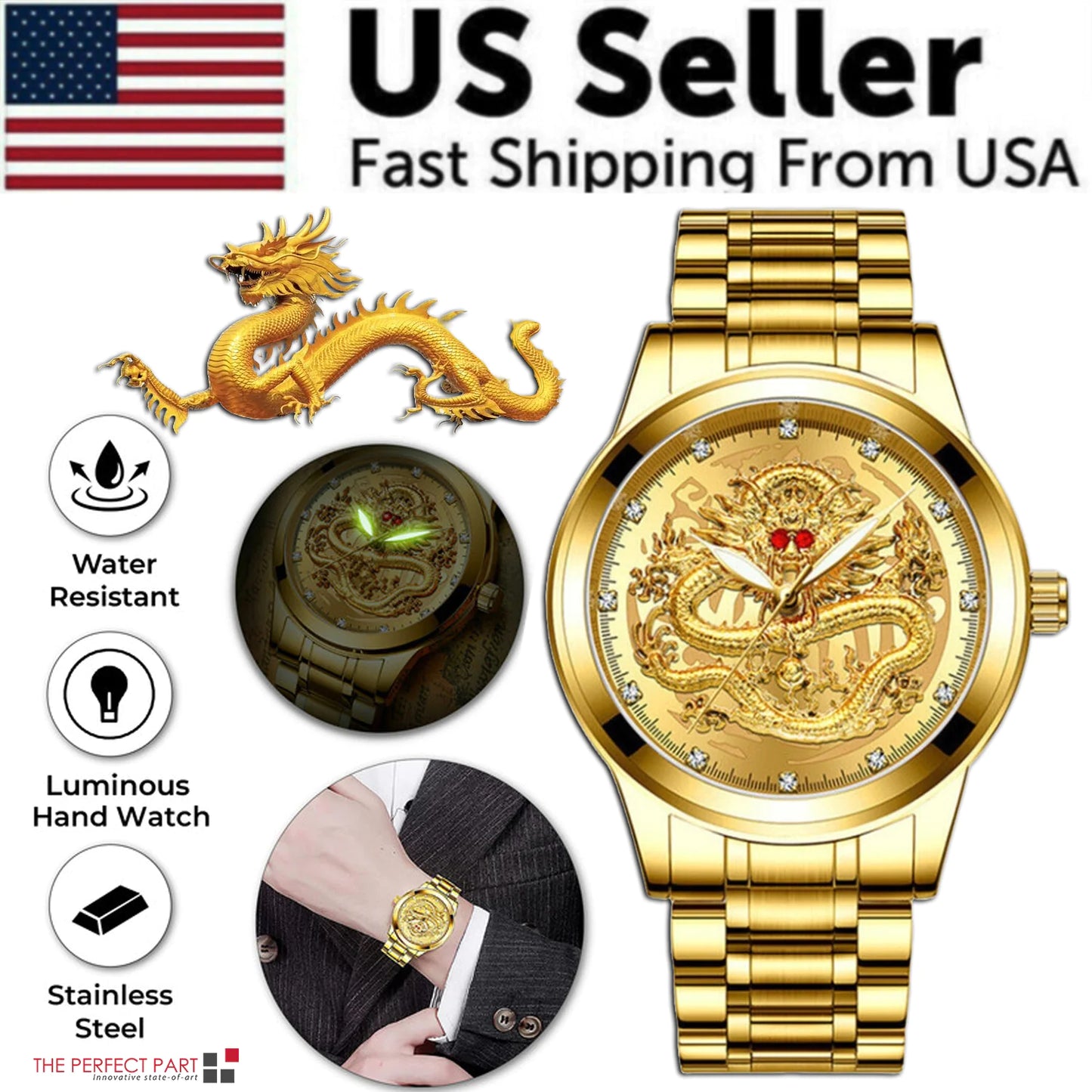 Business Gift Waterproof Gold Men's Diamond Quartz Watch Classic Stainless Steel