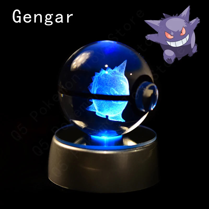 3D Pokémon Crystal Ball Lamp – Pikachu, Mew & Gengar LED Night Light with Pokéball Base