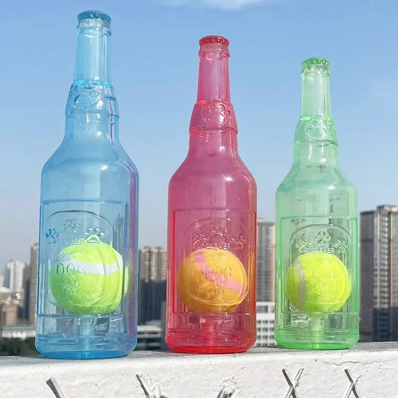 Beer Bottle Dog Chew Toy – Squeaky & Bite-Resistant with Tennis Ball Core
