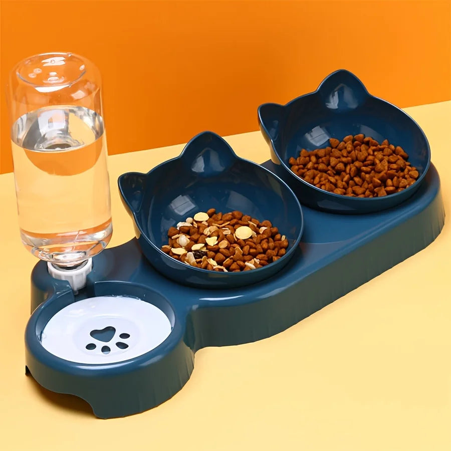 Pet Bowls With Water Feeder, 3 In 1 Ear Design Tilted Dog & Cat Water And Food Bowl Set With Gravity Water Bottle For Neck Protection