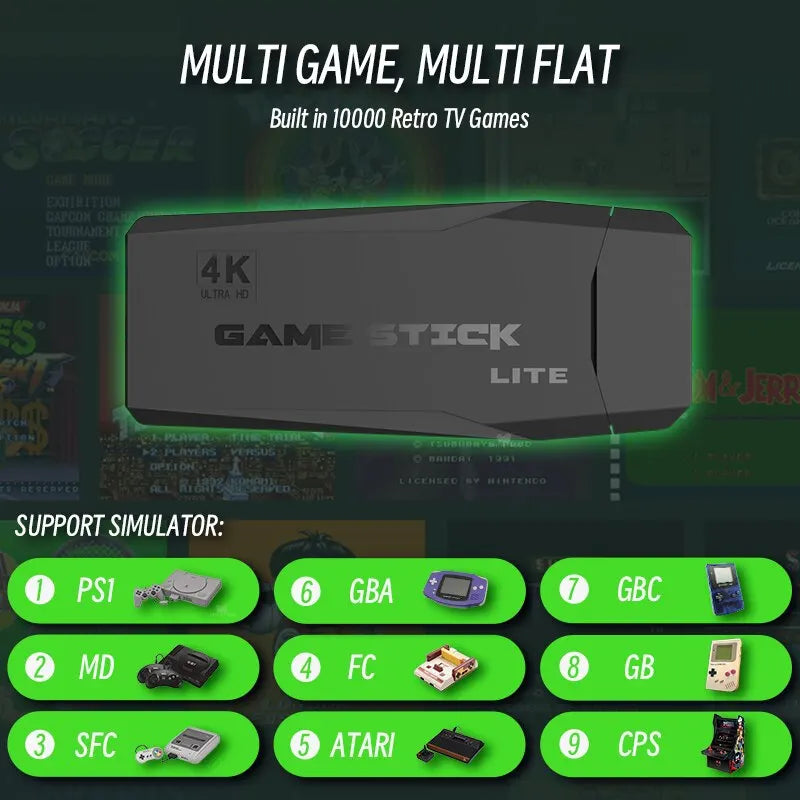 Stick Lite 4K HD Retro Game Console – 64GB, Dual Wireless Controllers, 10,000+ Classic Games – Ultimate Gift for Kids & Gamers