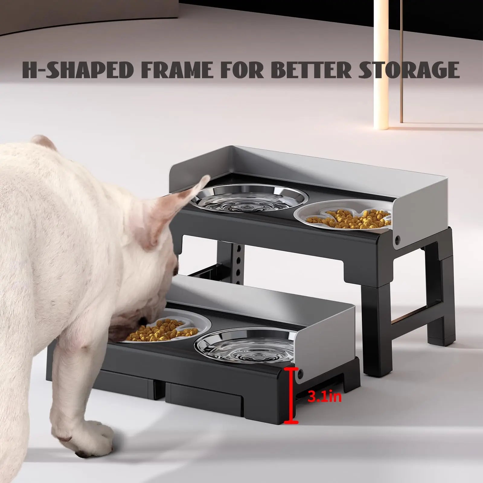 4-Height Adjustable Elevated Dog Bowl Stand with 2 Stainless Steel Bowls – Non-Slip & Spill-Proof