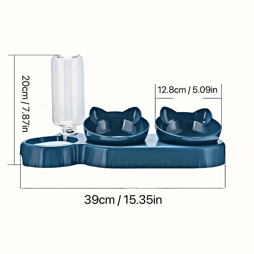 Pet Bowls With Water Feeder, 3 In 1 Ear Design Tilted Dog & Cat Water And Food Bowl Set With Gravity Water Bottle For Neck Protection