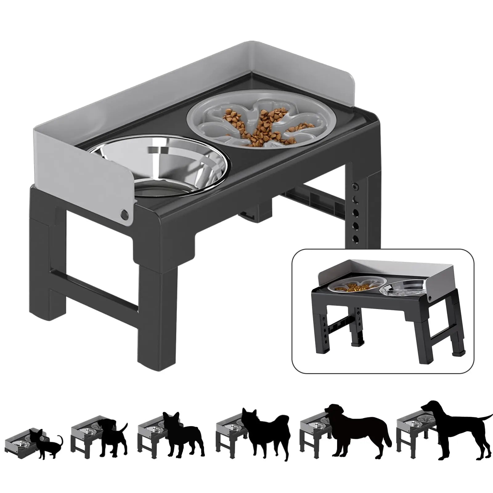 4-Height Adjustable Elevated Dog Bowl Stand with 2 Stainless Steel Bowls – Non-Slip & Spill-Proof