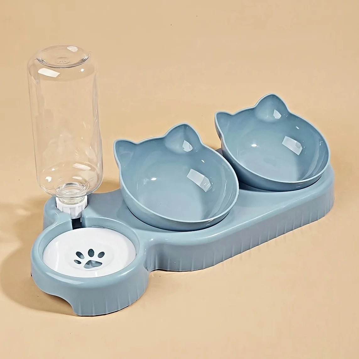 Pet Bowls With Water Feeder, 3 In 1 Ear Design Tilted Dog & Cat Water And Food Bowl Set With Gravity Water Bottle For Neck Protection
