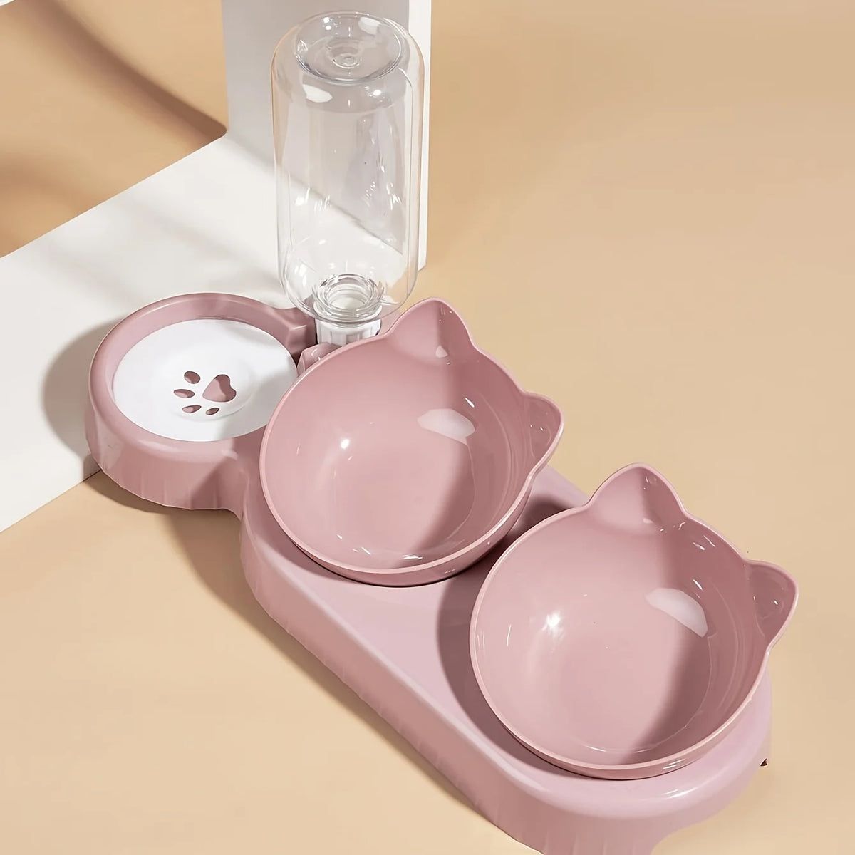 Pet Bowls With Water Feeder, 3 In 1 Ear Design Tilted Dog & Cat Water And Food Bowl Set With Gravity Water Bottle For Neck Protection