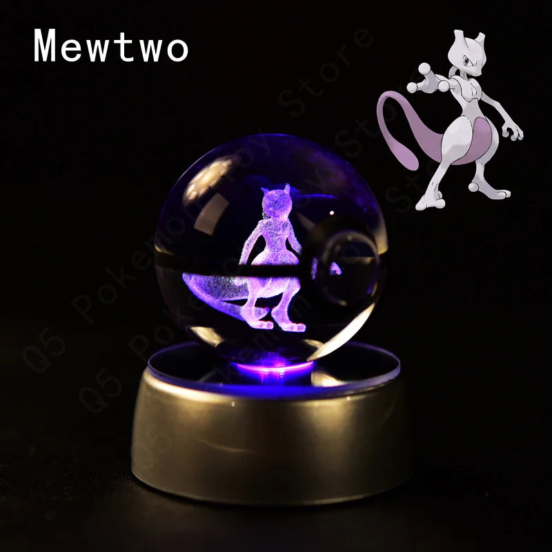 3D Pokémon Crystal Ball Lamp – Pikachu, Mew & Gengar LED Night Light with Pokéball Base