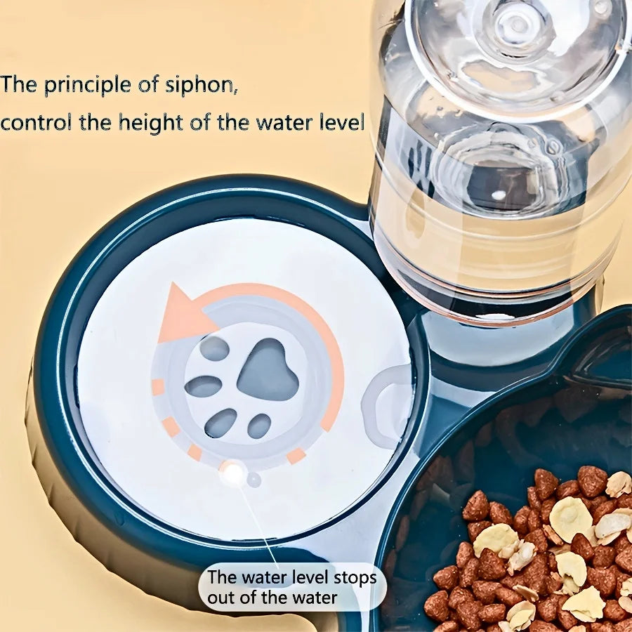 Pet Bowls With Water Feeder, 3 In 1 Ear Design Tilted Dog & Cat Water And Food Bowl Set With Gravity Water Bottle For Neck Protection