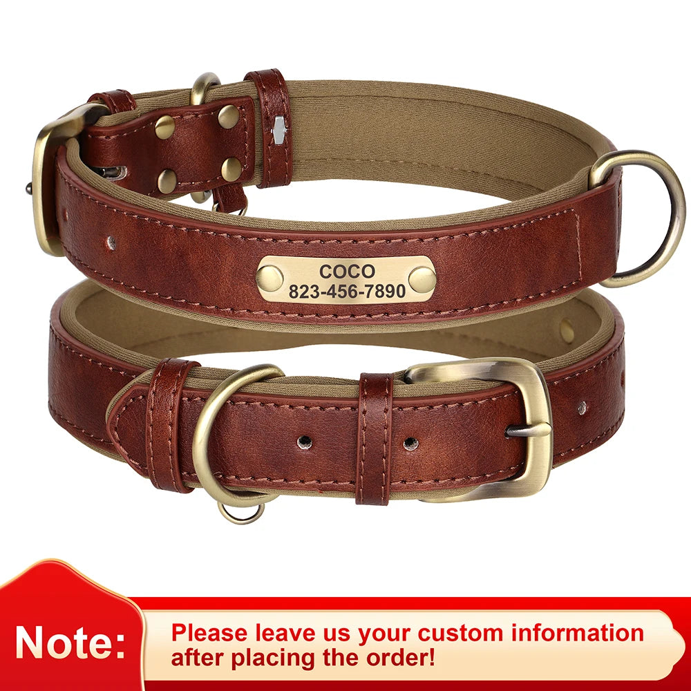 Custom Leather Dog Collar with Personalized Name Tag – Anti-Lost Pet ID with Free Engraving | For Small, Medium & Large Dogs
