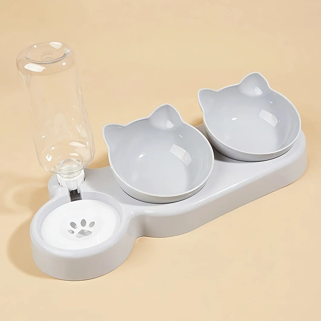 Pet Bowls With Water Feeder, 3 In 1 Ear Design Tilted Dog & Cat Water And Food Bowl Set With Gravity Water Bottle For Neck Protection