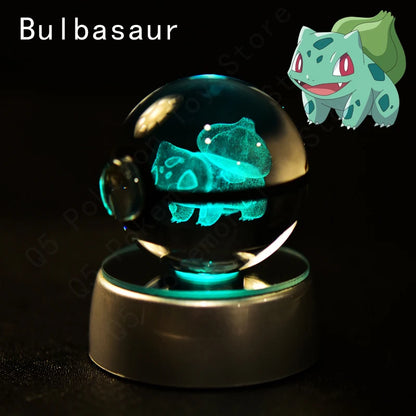 3D Pokémon Crystal Ball Lamp – Pikachu, Mew & Gengar LED Night Light with Pokéball Base