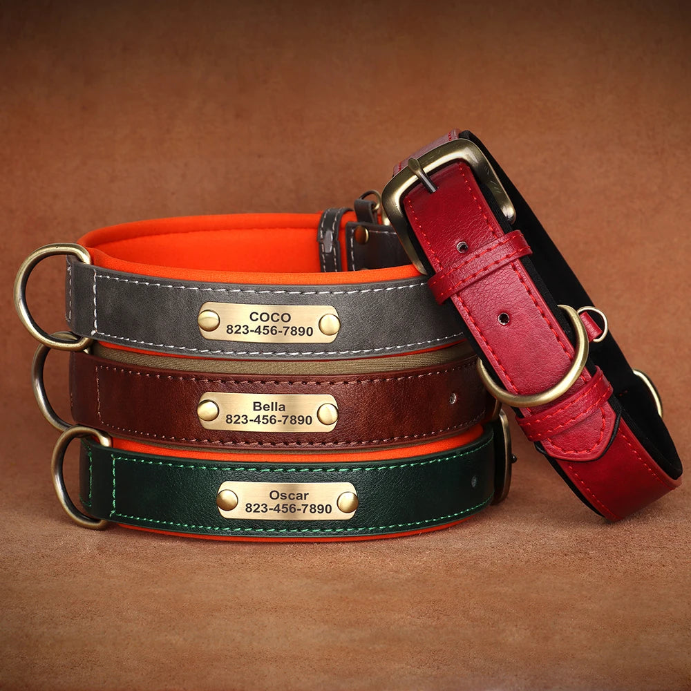 Custom Leather Dog Collar with Personalized Name Tag – Anti-Lost Pet ID with Free Engraving | For Small, Medium & Large Dogs