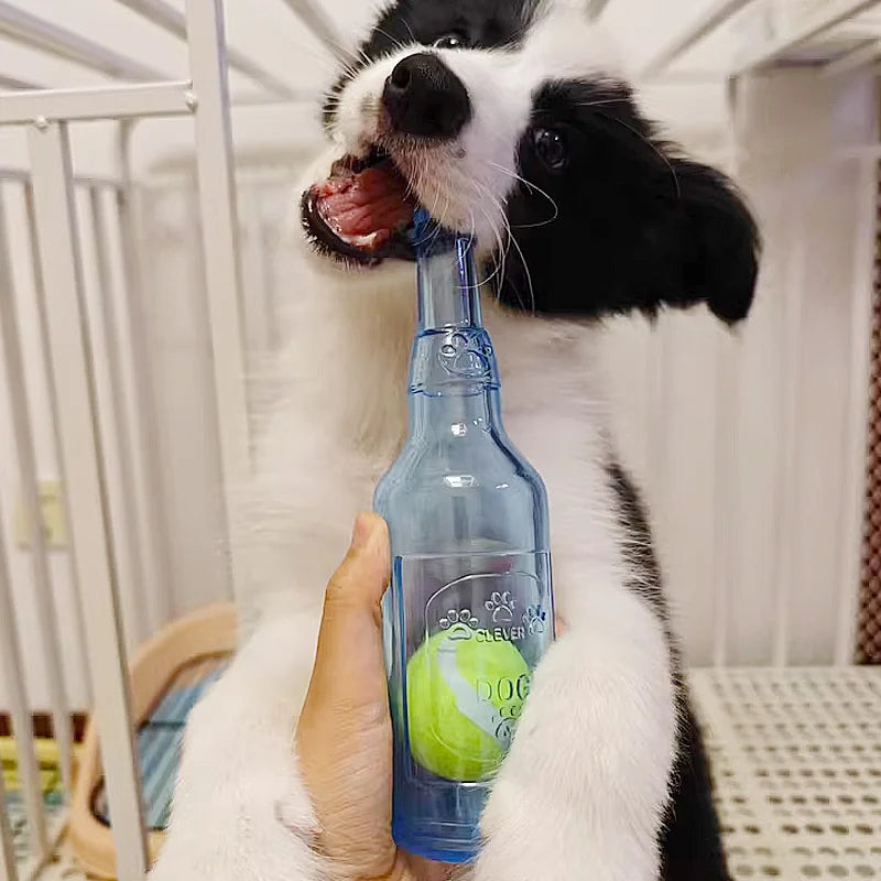 Beer Bottle Dog Chew Toy – Squeaky & Bite-Resistant with Tennis Ball Core