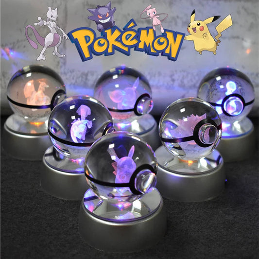 3D Pokémon Crystal Ball Lamp – Pikachu, Mew & Gengar LED Night Light with Pokéball Base