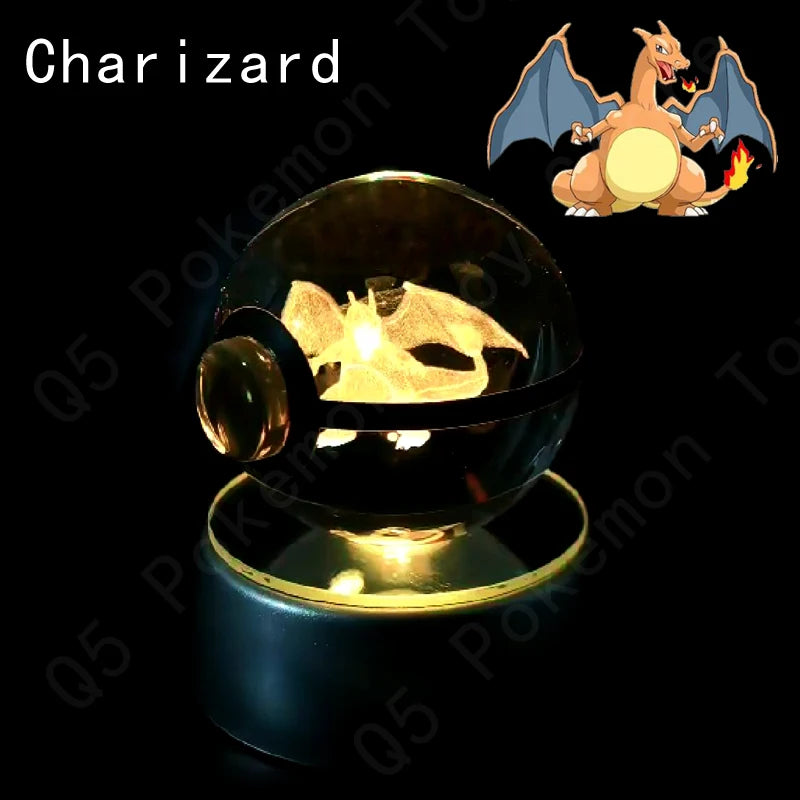 3D Pokémon Crystal Ball Lamp – Pikachu, Mew & Gengar LED Night Light with Pokéball Base