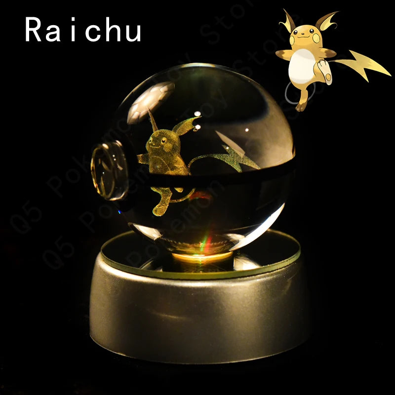 3D Pokémon Crystal Ball Lamp – Pikachu, Mew & Gengar LED Night Light with Pokéball Base