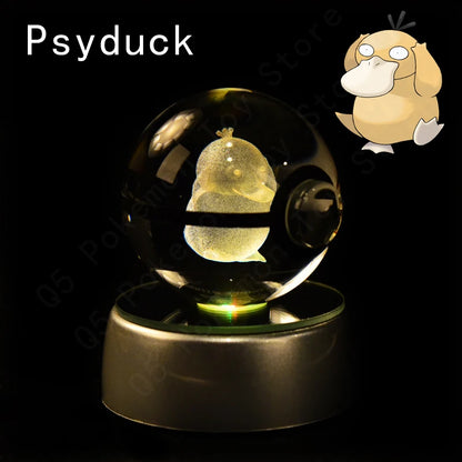 3D Pokémon Crystal Ball Lamp – Pikachu, Mew & Gengar LED Night Light with Pokéball Base