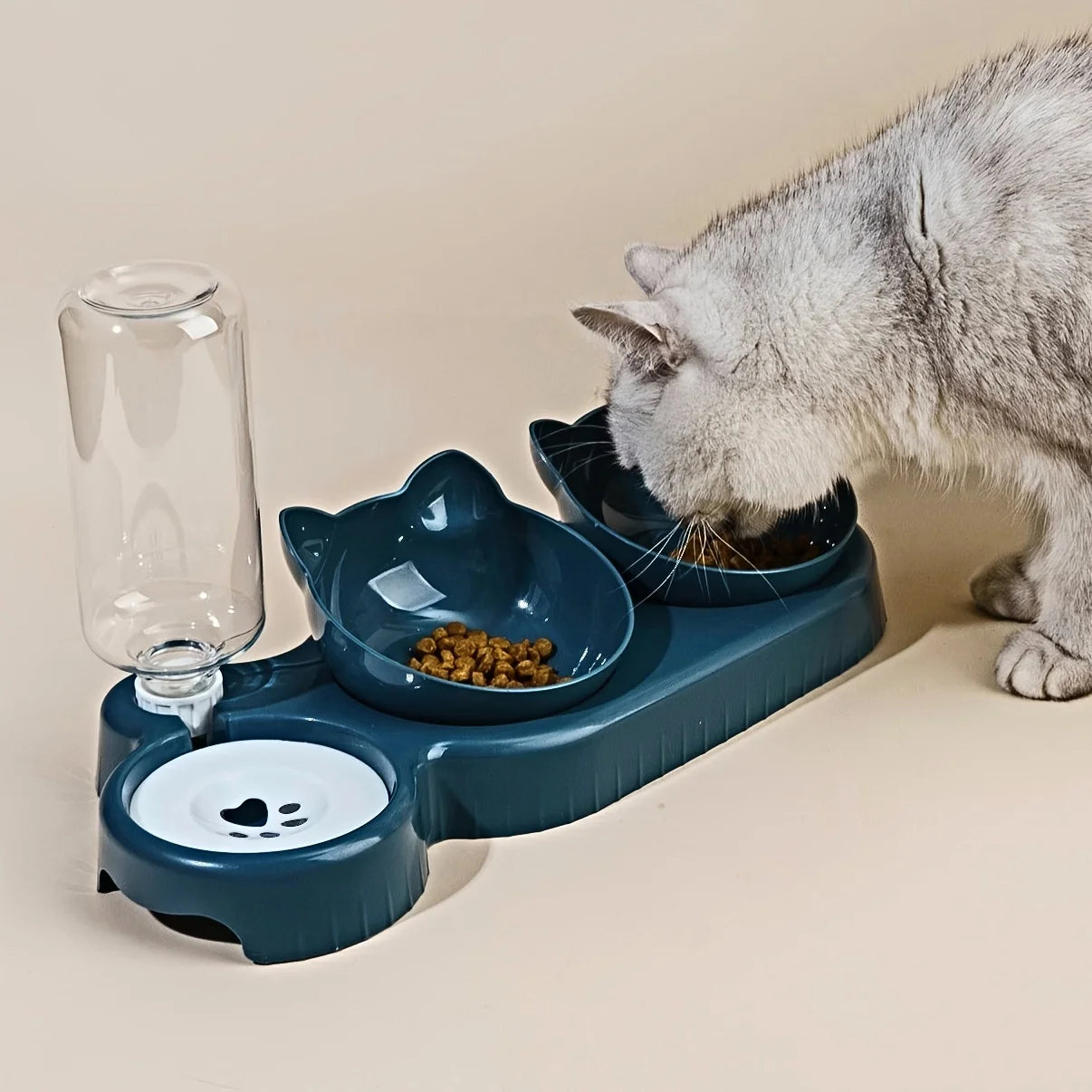 Pet Bowls With Water Feeder, 3 In 1 Ear Design Tilted Dog & Cat Water And Food Bowl Set With Gravity Water Bottle For Neck Protection
