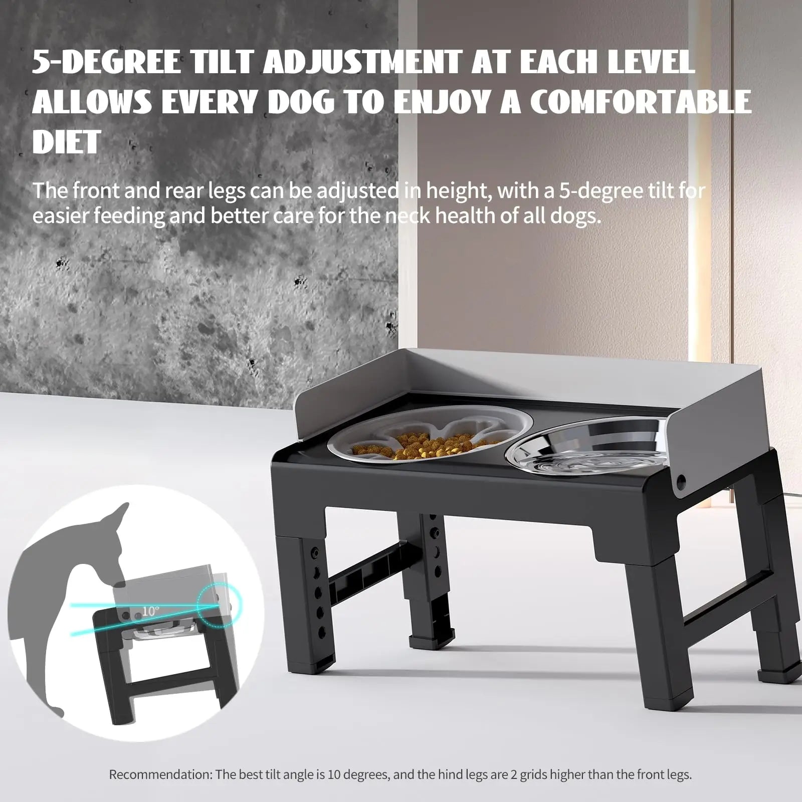 4-Height Adjustable Elevated Dog Bowl Stand with 2 Stainless Steel Bowls – Non-Slip & Spill-Proof