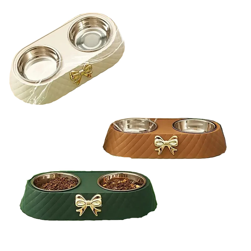 Double Pet Bowl with Bowtie Design – Food & Water Bowls for Dogs and Cats