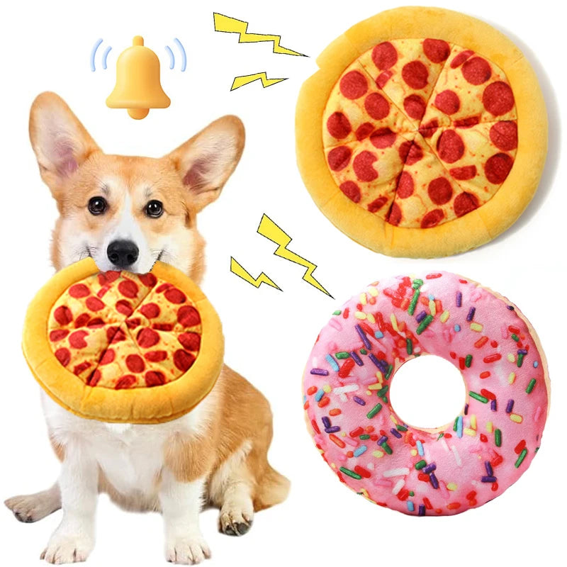 Plush Squeaky Dog Toy – Doughnut & Pizza Shape, Teeth Cleaning Chew Toy