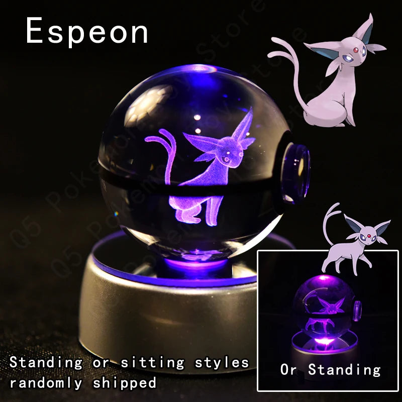 3D Pokémon Crystal Ball Lamp – Pikachu, Mew & Gengar LED Night Light with Pokéball Base