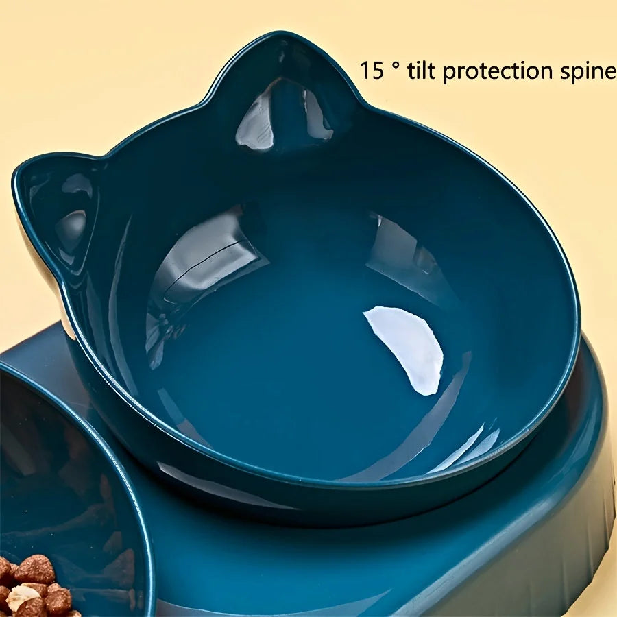 Pet Bowls With Water Feeder, 3 In 1 Ear Design Tilted Dog & Cat Water And Food Bowl Set With Gravity Water Bottle For Neck Protection