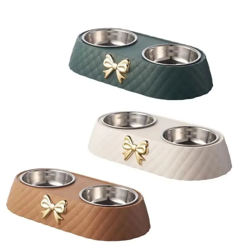 Double Pet Bowl with Bowtie Design – Food & Water Bowls for Dogs and Cats