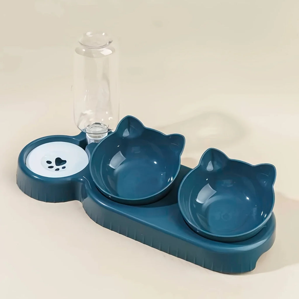 Pet Bowls With Water Feeder, 3 In 1 Ear Design Tilted Dog & Cat Water And Food Bowl Set With Gravity Water Bottle For Neck Protection