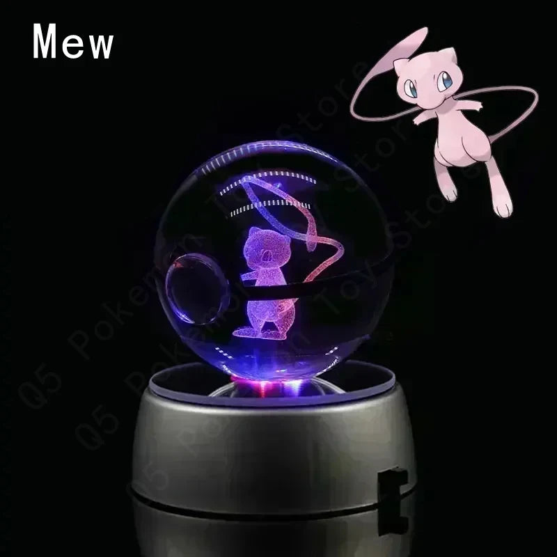 3D Pokémon Crystal Ball Lamp – Pikachu, Mew & Gengar LED Night Light with Pokéball Base