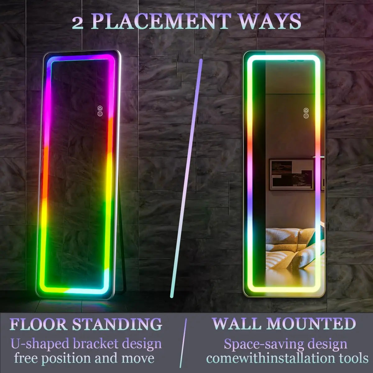 RGB Full Length Mirror, 60"x16" Full Body Mirror with LED Lights, Dimming & 7 Color Changing Lighting, Wall Mounted Hanging Mirr