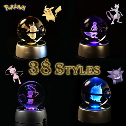 3D Pokémon Crystal Ball Lamp – Pikachu, Mew & Gengar LED Night Light with Pokéball Base