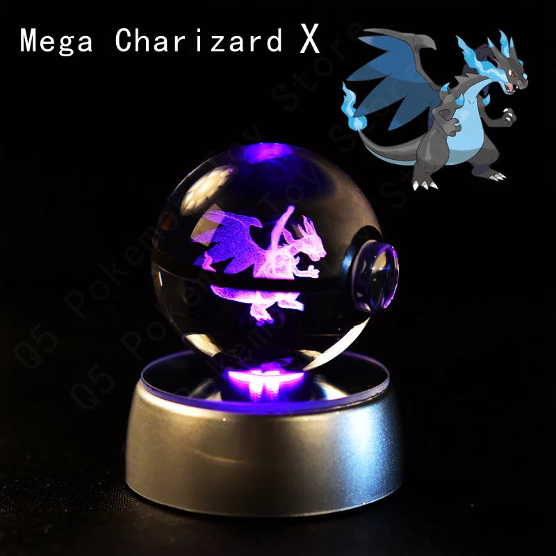 3D Pokémon Crystal Ball Lamp – Pikachu, Mew & Gengar LED Night Light with Pokéball Base