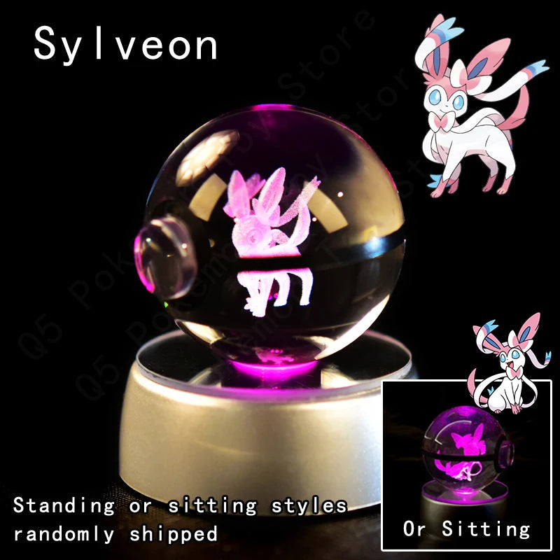 3D Pokémon Crystal Ball Lamp – Pikachu, Mew & Gengar LED Night Light with Pokéball Base