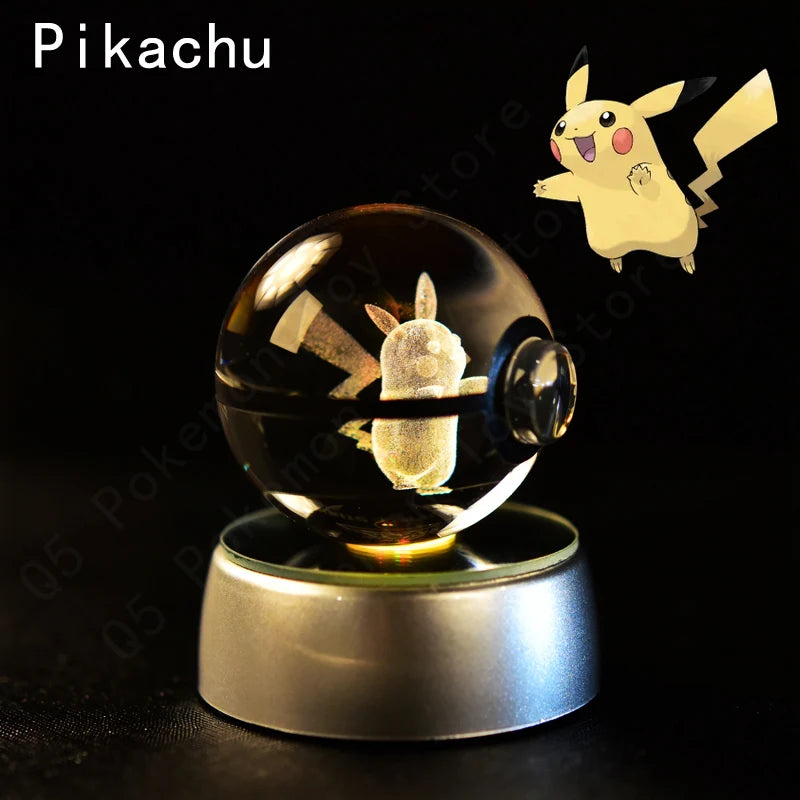 3D Pokémon Crystal Ball Lamp – Pikachu, Mew & Gengar LED Night Light with Pokéball Base