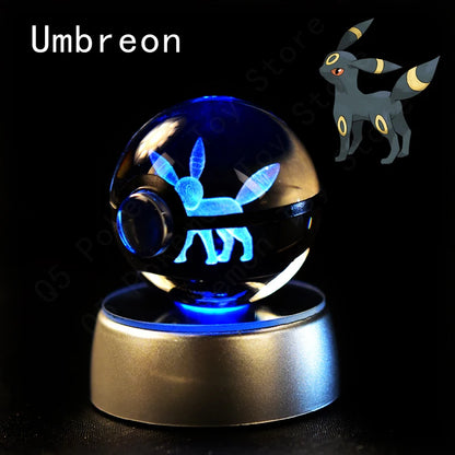 3D Pokémon Crystal Ball Lamp – Pikachu, Mew & Gengar LED Night Light with Pokéball Base