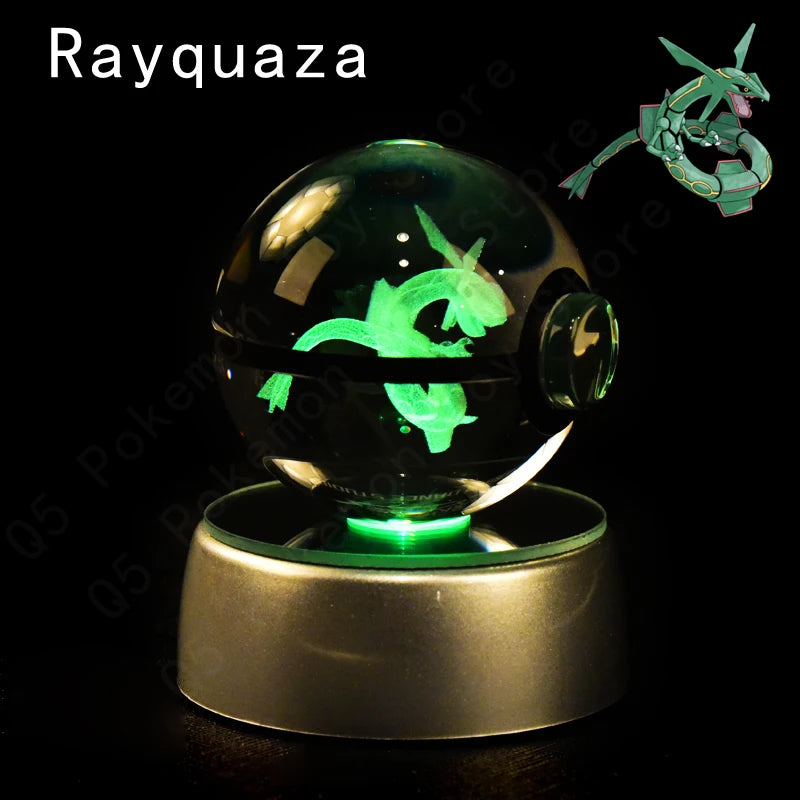 3D Pokémon Crystal Ball Lamp – Pikachu, Mew & Gengar LED Night Light with Pokéball Base