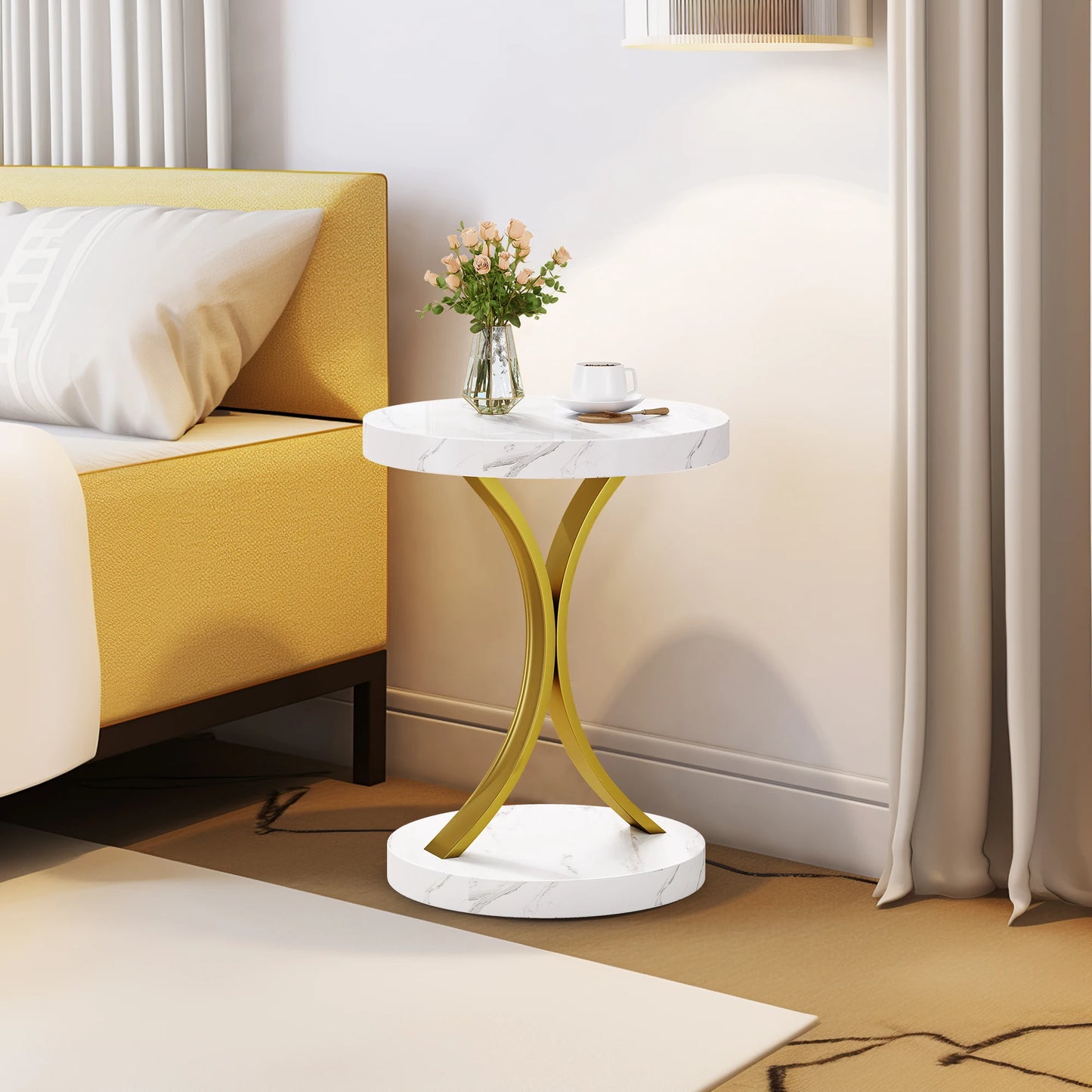 Round Side Tables,Glass End Tables with Faux Marble Top old Coffee Tables with Modern Style, for Living Room,Small End Table