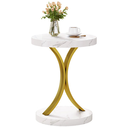 Round Side Tables,Glass End Tables with Faux Marble Top old Coffee Tables with Modern Style, for Living Room,Small End Table