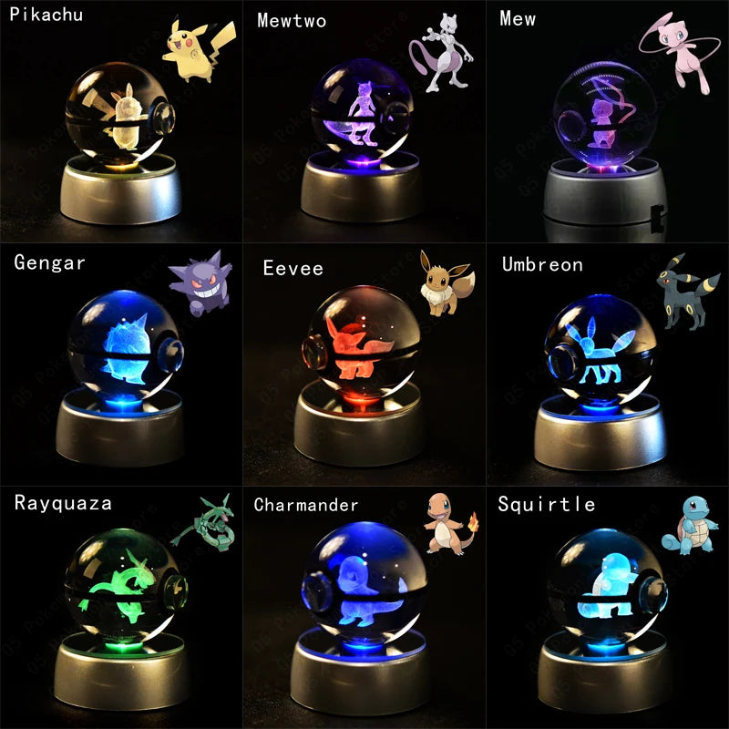 3D Pokémon Crystal Ball Lamp – Pikachu, Mew & Gengar LED Night Light with Pokéball Base