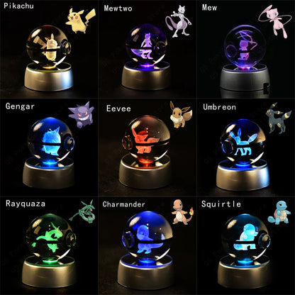 3D Pokémon Crystal Ball Lamp – Pikachu, Mew & Gengar LED Night Light with Pokéball Base