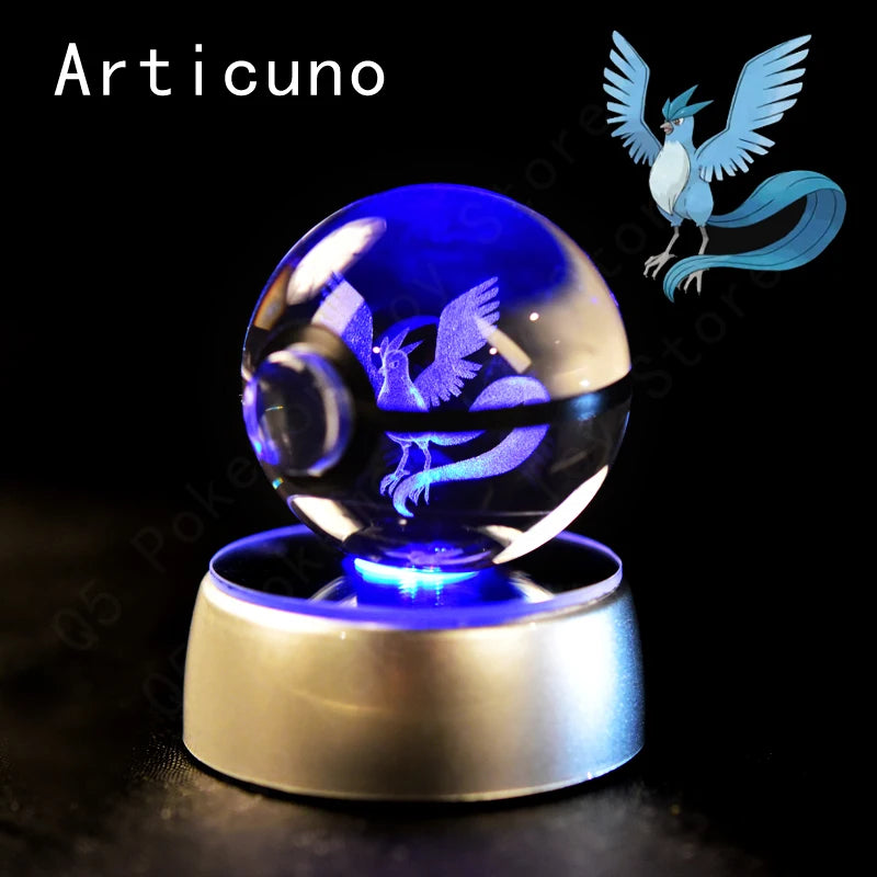 3D Pokémon Crystal Ball Lamp – Pikachu, Mew & Gengar LED Night Light with Pokéball Base