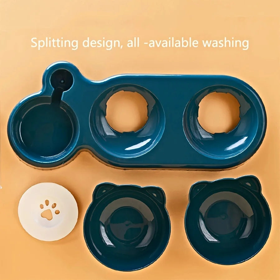 Pet Bowls With Water Feeder, 3 In 1 Ear Design Tilted Dog & Cat Water And Food Bowl Set With Gravity Water Bottle For Neck Protection