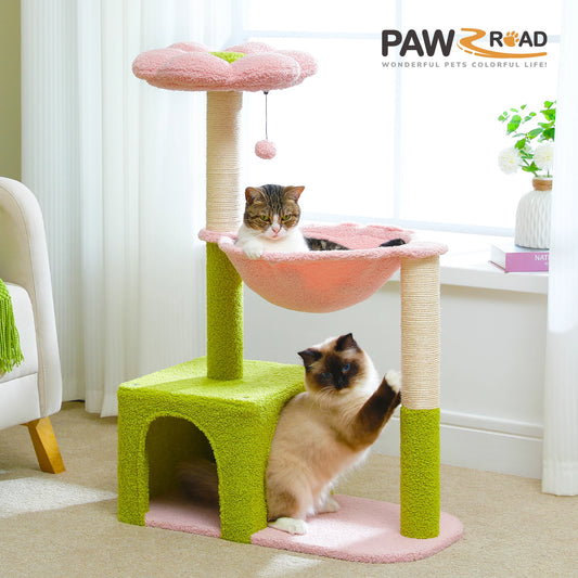 Flower Cat Tree with Large Metal Frame Hammock Cute Cat Tower with Sisal Scratching Posts for Small Indoor Cats with Pink Perch