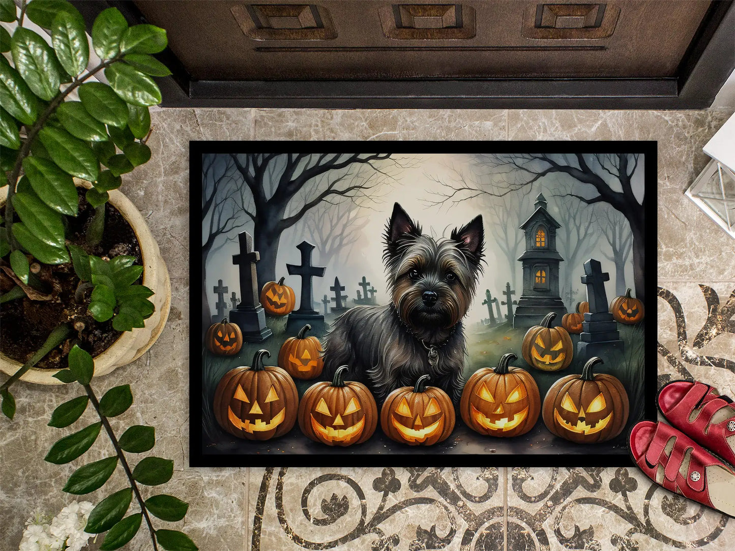 Graveyard Yorkie Guard Halloween Doormat