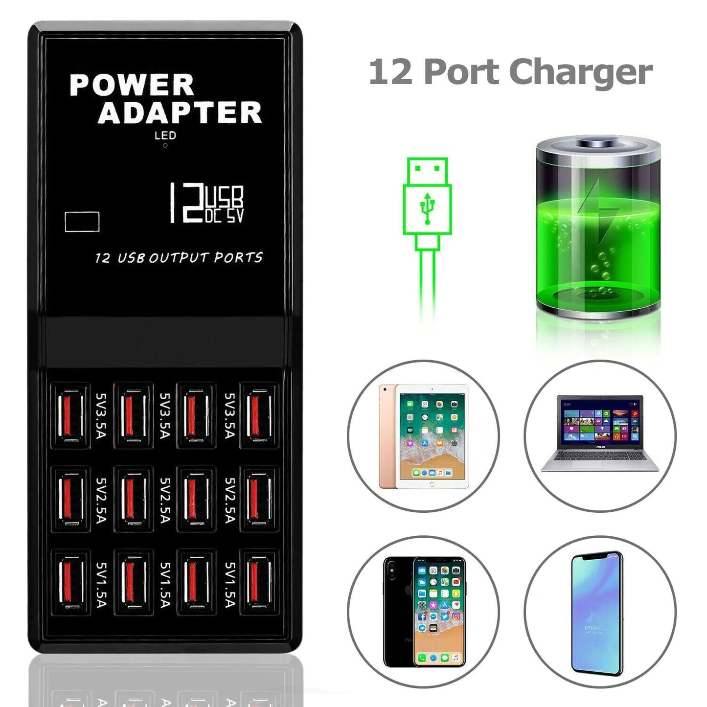 Multi 12 Port USB Charging Station Hub Desktop Wall Cell Phone Charger Organizer