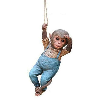 Monkey Chimp Hanging Rope Garden Ornament Outdoor Statue Sculpture Resin Decor