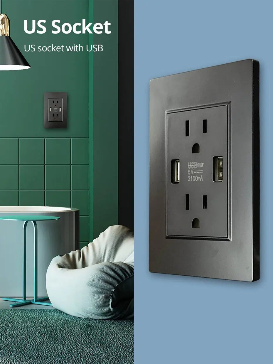 Dual USB Wall Outlet Port 15A Power Socket Charger AC Receptacle Plate Panel 110